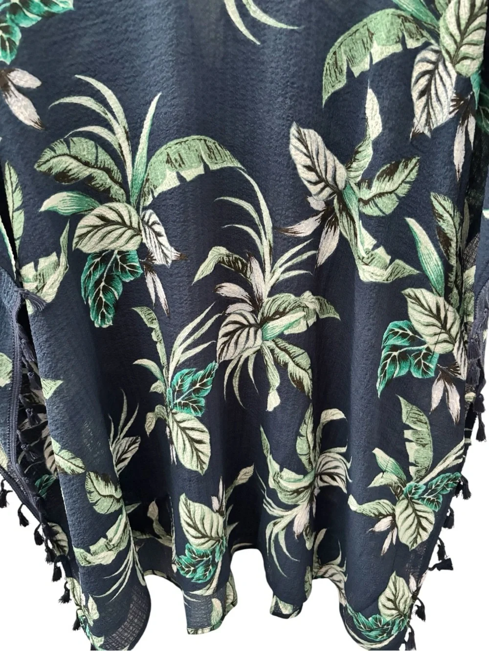Navy Tropical Leaf V-Neck Swim Coverup with Tassel Trim